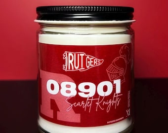 Rutgers University Candle, Camden, Newark & New Brunswick Soy Candle, College Commitment Bed Party Gift, Scarlet Knights Mascot Candle Gifts