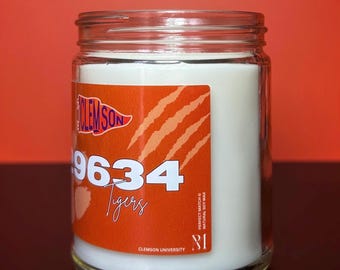 Clemson University Soy Candle, College Commitment Bed Party Gift, Tigers Mascot Candle, Holiday & Christmas, Vanilla and Cashmere Scented