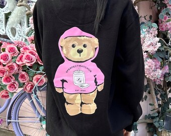 Find Your Perfect Match Slogan Black Crewneck Custom Apparel | Cute Bear Design | Gifts for Her, Coquette Preppy Aesthetic Hoodie Brand