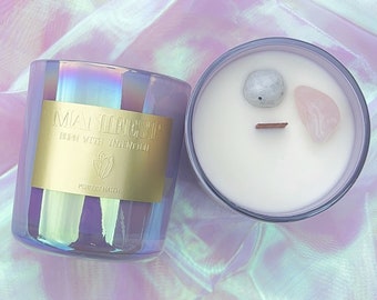 Manifest Iridescent Crystal Candle | Rose Quartz & Moonstone | Emotional Balance and Healing Properties | Meditation Chakra | Eucalyptus