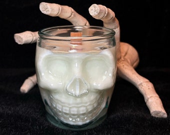 Wicked Wick Skull Glass Candle | Crackling Wood Wick | Wood & Amber Fragrance | Halloween Decor | Spooky Gift Ideas | Skeleton Inspired Gift