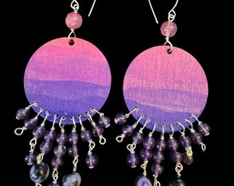 Hand painted wood chandelier earrings, amethyst, purple fire agate, sterling silver chandeliers, pink dragon’s vein agate. Sunset earrings.