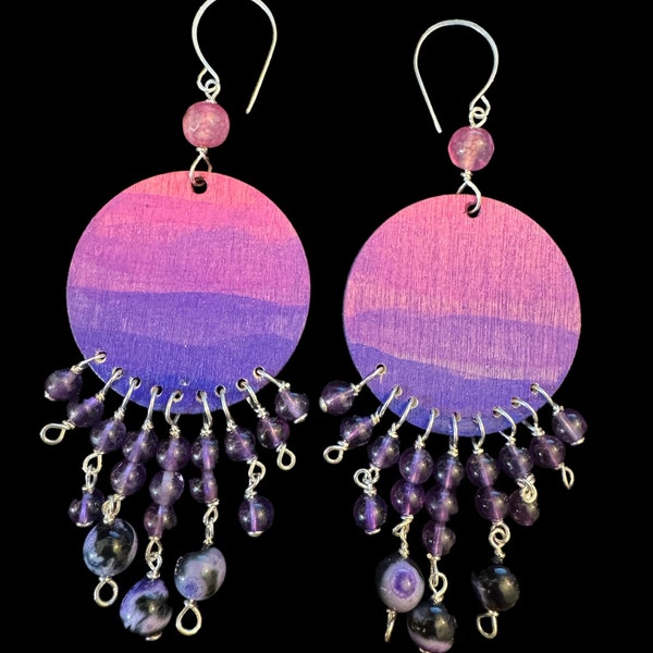 Hand painted wood chandelier earrings, amethyst, purple fire agate, sterling silver chandeliers, pink dragon’s vein agate. Sunset earrings.