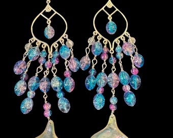 Long sterling silver chandelier earrings,  mermaid colored glass beads, mother of pearl resin tails, mermaid themed, pink and blue glass