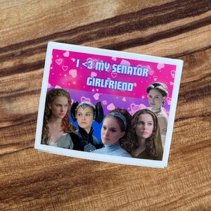 May include: A square sticker with a pink background and the text "I <3 my Senator Girlfriend". The sticker features images of Padm&eacute; Amidala from Star Wars. Hearts are scattered across the pink background.