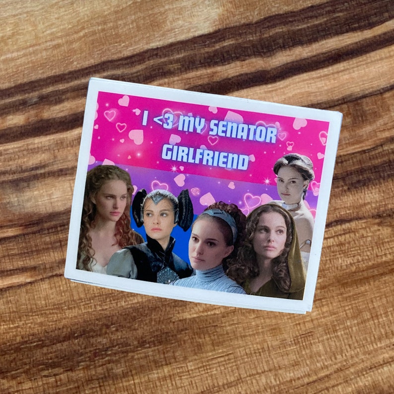 May include: A square sticker with a pink background and the text "I <3 my Senator Girlfriend". The sticker features images of Padm&eacute; Amidala from Star Wars. Hearts are scattered across the pink background.