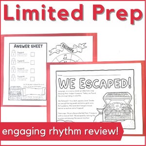 Peut inclure: Feuille d'activit&eacute; imprimable en noir et blanc pour les enfants avec un coffre au tr&eacute;sor de pirate et une roue de d&eacute;codage. Le texte "We Escaped!" est en haut de la feuille. Le texte "Engaging Rhythm Review!" est en bas de la feuille.