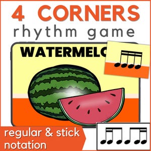 May include: A colorful educational graphic for a rhythm game. The image features a watermelon with a slice, musical notes, and the text "4 CORNERS rhythm game WATERMELON regular & stick notation."