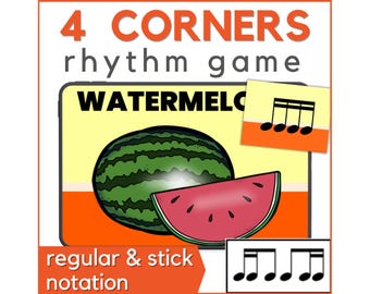 4 Corners Active Rhythm Game - Elementary Music Game, Eighth & Sixteenth Notes / Quavers + Semiquavers (tika-tika, ti-ti, ti-tika, tika-ti)
