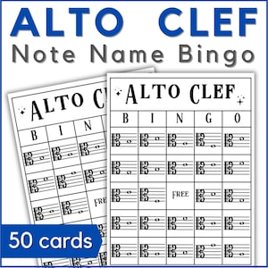 May include: Two white Alto Clef Note Name Bingo cards with musical notation and the text "ALTO CLEF Note Name Bingo". The cards have a grid of musical notes and the text "FREE". The image also includes the text "50 cards".