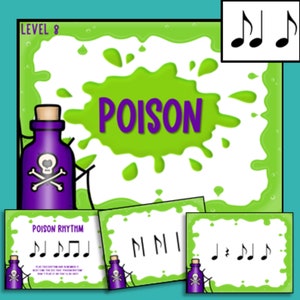 Peut inclure: Jeu de rythme Poison niveau 8 avec des cartes vertes et blanches. Les cartes présentent des notes de musique et le mot "Poison" en lettres violettes. Il y a une bouteille violette avec un crâne et des os croisés.