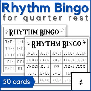 May include: Two white Rhythm Bingo cards with musical notation and the text "Rhythm Bingo for quarter rest." The cards have musical symbols and the text "FREE." The image also includes the text "50 cards."