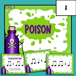 May include: A green and white game card with the word "POISON" in purple letters. The card has a green poison bottle with a skull and crossbones on it. The card also has a music note with a stem and a flag. The card says "POISON RHYTHM" and has a musical rhythm written on it.