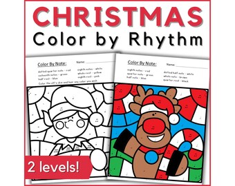 Weihnachtsmusik Arbeitsblätter - Farbe nach Rhythmus Musik Malseiten Aktivität für den Grundschul-Musikunterricht, den Klavierunterricht oder die Hausschule