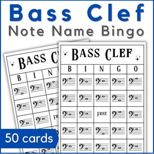 May include: Two white bingo cards with a musical theme. The cards feature the text "Bass Clef Note Name Bingo" in blue and gray. Each card has a grid of musical notes and the words "B", "I", "N", "G", and "O". The bottom left corner says "50 cards".