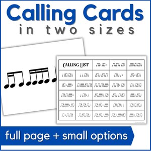 May include: White calling cards with musical notes and the text "Calling Cards in two sizes". One card displays musical notes, and the other is a calling list. The bottom banner reads "full page + small options".