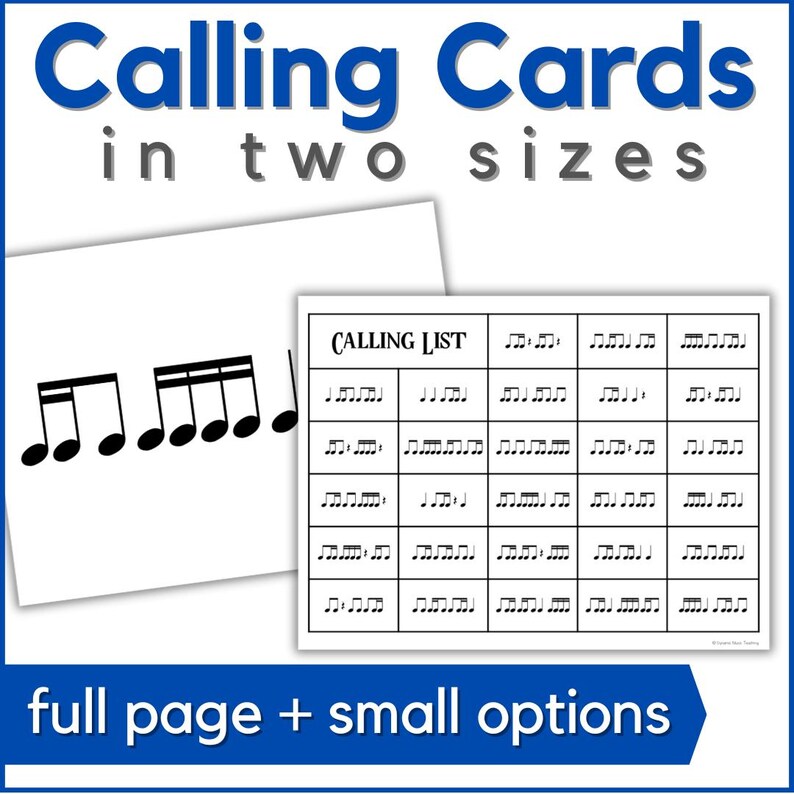 May include: White calling cards with musical notes and the text "Calling Cards in two sizes". One card displays musical notes, and the other is a calling list. The bottom banner reads "full page + small options".