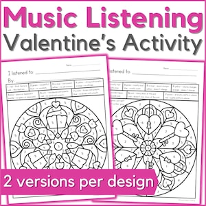 Valentijnsdag kleur op muziek Luisterglyph-werkbladen, februari Muziekwaarderingsactiviteiten voor studenten in de muziekles, pianolessen