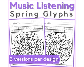Spring Color by Music Listening Glyph Worksheets, April Music Appreciation Activities for Students in Music Class, Band, or Piano Lessons