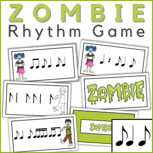 May include: A green and white educational game titled "ZOMBIE Rhythm Game." The game features flashcards with musical notes and zombie-themed illustrations. The word "ZOMBIE" is written in green, dripping letters. The game is designed for music education.