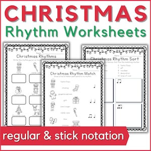 Op de afbeelding: Kerstritme werkbladen met de tekst "CHRISTMAS Rhythm Worksheets" in rood en groen. De werkbladen bevatten bijpassende, sorteer- en schrijfactiviteiten met afbeeldingen met een vakantiethema en muzieknotatie.