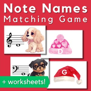 Christmas Music Note Names Matching Cards & Worksheets - Treble and Bass Clef Notes on the Staff for Elementary Music Class or Piano Lessons