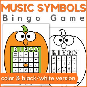 秋の音楽ビンゴゲームカード - 秋やハロウィーンの音楽レッスン、バンド、合唱、ピアノレッスンのための印刷可能な音楽記号ビンゴアクティビティ