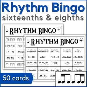 May include: A set of Rhythm Bingo cards with the text "Rhythm Bingo sixteenths & eighths". The cards feature musical notation and the text "FREE". The set includes 50 cards.