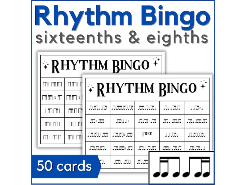 May include: A set of Rhythm Bingo cards with the text "Rhythm Bingo sixteenths & eighths". The cards feature musical notation and the text "FREE". The set includes 50 cards.