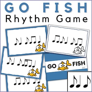 May include: A collection of flashcards for a "Go Fish" rhythm game. Each card features musical notes and a cartoon fish. The title "Go Fish Rhythm Game" is displayed at the top in blue and black text.