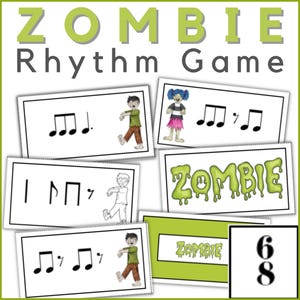 Puede incluir: Un juego educativo con temática musical titulado "ZOMBIE Rhythm Game" con texto verde y gris. El juego incluye tarjetas con notas musicales e ilustraciones de zombis. También se muestra una indicación de compás 6/8.