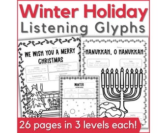 Feiertagsmusikaktivitäten - Hör Glyphs & Arbeitsblätter für Weihnachten, Winter, Chanukka, Kwanzaa, Neujahr Musikunterricht Aktivitäten