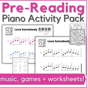 Valentine&#39;s Day Pre-Reading Piano Lessons Pack - Beginner Piano Sheet Music, Worksheets, Activities & Games for Key Names + Finger Numbers