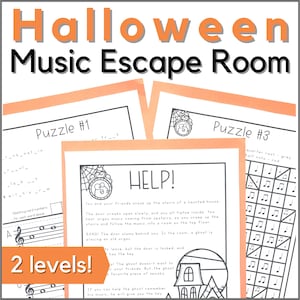 Könnte beinhalten: Ein druckbares Halloween-Musik-Escape-Room-Spiel mit zwei Levels. Das Spiel zeigt eine Illustration eines Spukhauses und den Text "HELP!" Du und deine Freunde schleicht euch die Treppen eines Spukhauses hinauf. Die Tür knarzt langsam auf, und ihr schleicht euch alle hinein. Ihr hört Orgelmusik aus dem Obergeschoss, also schleicht ihr die Treppen hinauf und folgt der Musik in einen Raum im obersten Stockwerk. BANG! Die Tür knallt hinter euch zu. Im Raum spielt ein Geist auf einer alten Orgel.