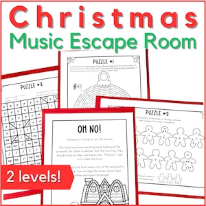 May include: A printable Christmas music escape room activity with two levels. The image shows a black and white illustration of a gingerbread house, a maze, and a music note grid. The text "PUZZLE #1", "PUZZLE #2", "PUZZLE #3", and "OH NO!" is visible.