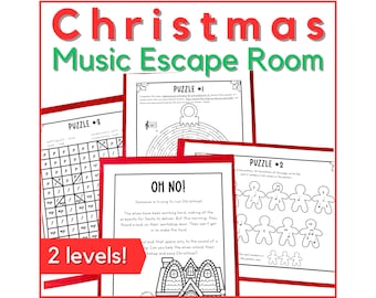 Salle d'évasion musicale de Noël - jeu de théorie musicale à imprimer pour les cours de musique des Fêtes, les cours de piano ou l'école à la maison. Activité musicale de décembre