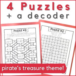 Peut inclure: Quatre puzzles imprimables sur le th&egrave;me du tr&eacute;sor des pirates. Chaque puzzle pr&eacute;sente un labyrinthe avec des probl&egrave;mes de math&eacute;matiques sur les notes de musique et un d&eacute;codeur pour d&eacute;chiffrer un mot. Le puzzle n&deg; 2 comporte une grille avec des notes de musique cod&eacute;es par couleur.