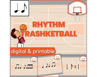 Rhythm Trashketball Music Basketball Game for Dotted Quarter Note, Eighth Note  - Fun Review Activity for Music Class or Piano Lessons