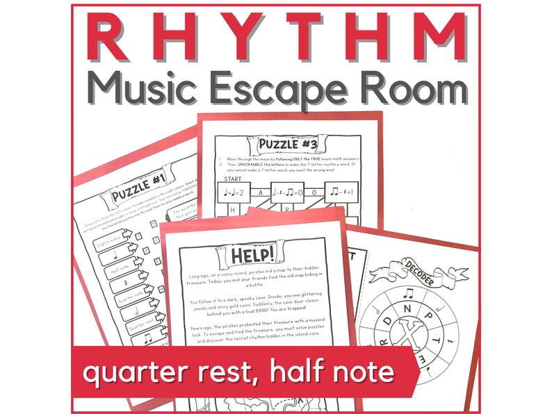 Peut inclure: Un jeu d'&eacute;vasion musical imprimable en noir et blanc avec le titre "Rhythm Music Escape Room". Le jeu comprend des puzzles avec des notes de musique, une roue de d&eacute;codage et des instructions. Le texte "quarter rest, half note" est en bas de l'image.