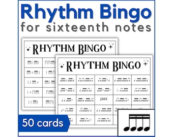 Music Rhythm Bingo Game for Sixteenth Notes - Printable Music Bingo Cards for Elementary Music Class, Band, or Piano Lessons