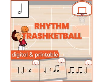 Rhythm Trashketball Music Basketball Game for half note (minim) - Fun Activity for Elementary Music Class or Piano Lessons