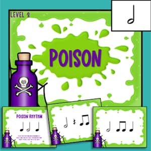 Op de afbeelding: Een groen en wit spelbord met het woord "POISON" in paarse letters. Er zijn drie kaarten met muzieknoten erop. De kaarten zijn groen en wit met een paarse fles met een schedel en gekruiste beenderen erop. Het spelbord heeft een muzieknot in de rechterbovenhoek.