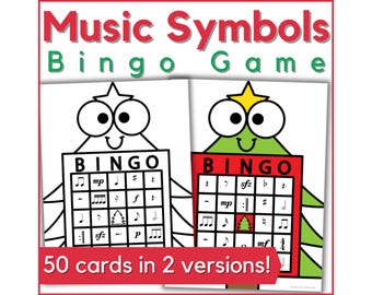 クリスマス音楽ビンゴゲーム - ホリデー音楽レッスン、バンド、ピアノ教室用の印刷可能な音楽記号ビンゴカード