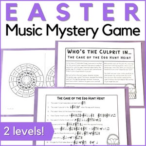 May include: Black and white printable Easter music mystery game with two levels. The game includes a "Who's the Culprit in... The Case of the Egg Hunt Heist" title and a "The Case of the Egg Hunt Heist" section with clues and musical notes.