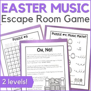 May include: An Easter-themed escape room game with the title "Easter Music Escape Room Game" in purple. The image shows three puzzle pages with text and musical notation, including "Puzzle #3" and "Puzzle #4: Music Math?" The phrase "2 levels!" is also visible.