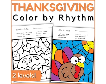 Thanksgiving Musik Arbeitsblätter - Farbe nach Rhythmus Musik Malseiten Aktivität für den November Musikunterricht, Klavierunterricht, Band oder Heimschule