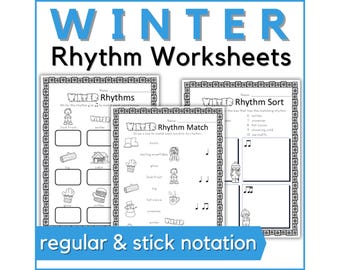 Winter Rhythm Music Worksheets - printable music theory activities for January music class and piano lessons