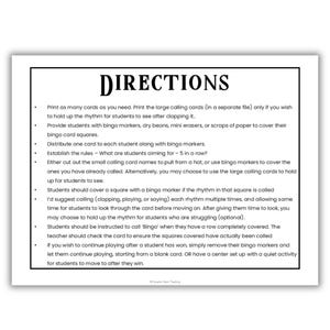 May include: A white rectangular card with black text that reads "DIRECTIONS" at the top. The card provides instructions for a bingo game, including how to distribute cards and call out rhythms. The card is designed for educational use.