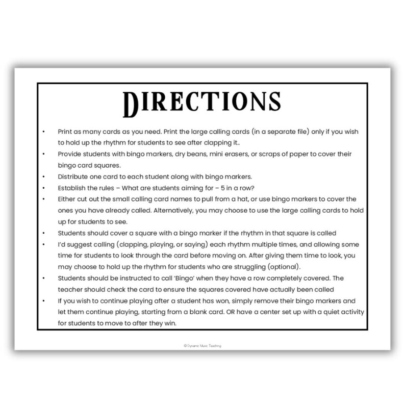 May include: A white rectangular card with black text that reads "DIRECTIONS" at the top. The card provides instructions for a bingo game, including how to distribute cards and call out rhythms. The card is designed for educational use.