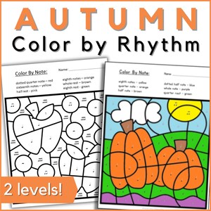 May include: Two printable coloring pages featuring autumn themes. The first page shows an apple with leaves and the second page shows two pumpkins. Both pages have musical notes and rests to color by rhythm. The text "Color By Note" and "2 levels!" are included on the pages.